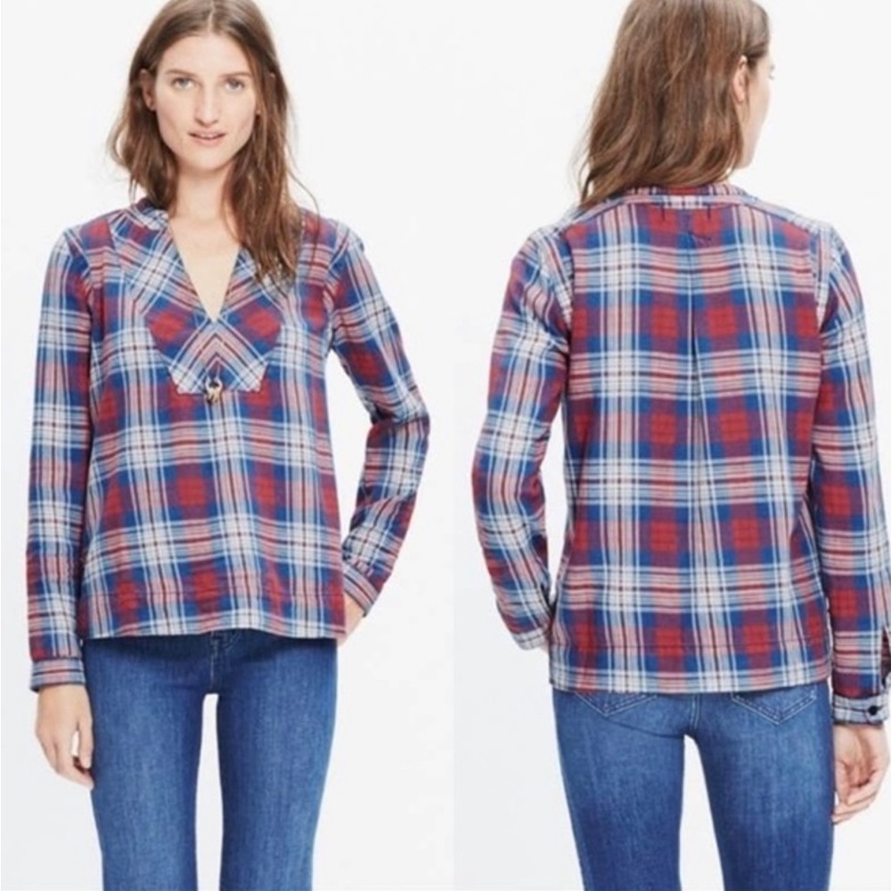 madewell indigo dye popover casey plaid shirt size S